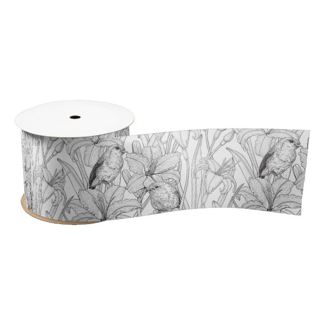Robins and lilly flowers, black and white satin ribbon (Spool)