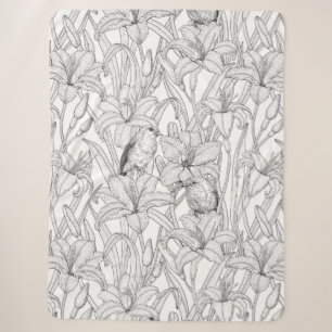 Robins and lilly flowers, black and white sherpa blanket