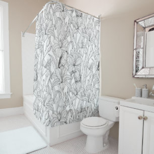 Robins and lilly flowers, black and white shower curtain