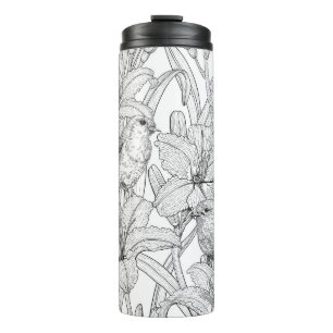 Robins and lilly flowers, black and white thermal tumbler