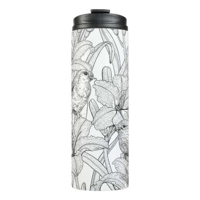 Robins and lilly flowers, black and white thermal tumbler (Front)