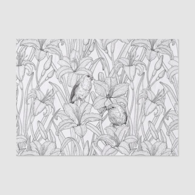 Robins and lilly flowers, black and white tissue paper (Front)