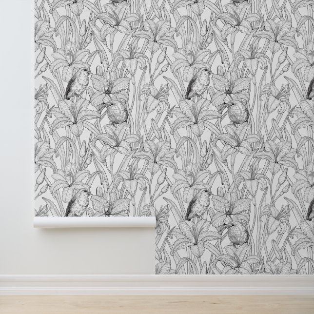 Robins and lilly flowers, black and white wallpaper (Application)