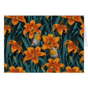 Robins and lilly flowers, orange and blue
