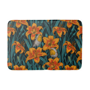 Robins and lilly flowers, orange and blue bath mat