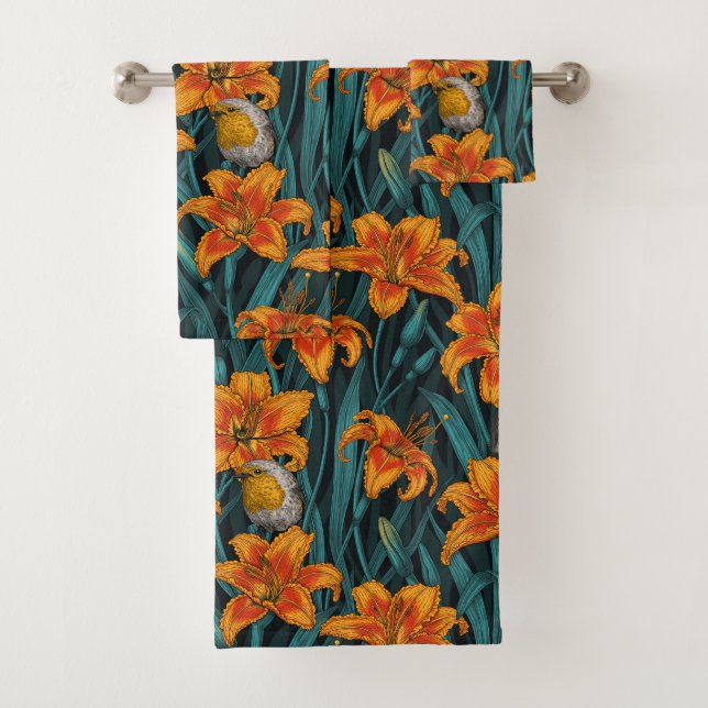 Robins and lilly flowers, orange and blue bath towel set (Insitu)
