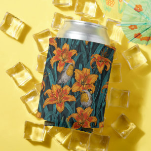 Robins and lilly flowers, orange and blue can cooler
