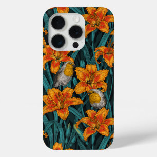 Robins and lilly flowers, orange and blue iPhone 15 pro case