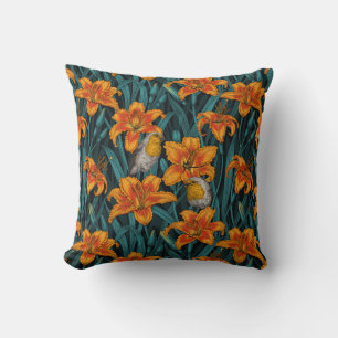 Robins and lilly flowers, orange and blue cushion