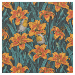 Robins and lilly flowers, orange and blue fabric