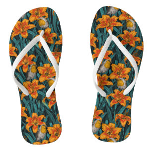 Robins and lilly flowers, orange and blue flip flops
