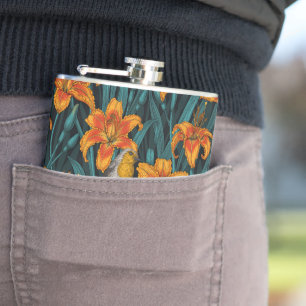 Robins and lilly flowers, orange and blue hip flask