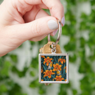 Robins and lilly flowers, orange and blue key ring
