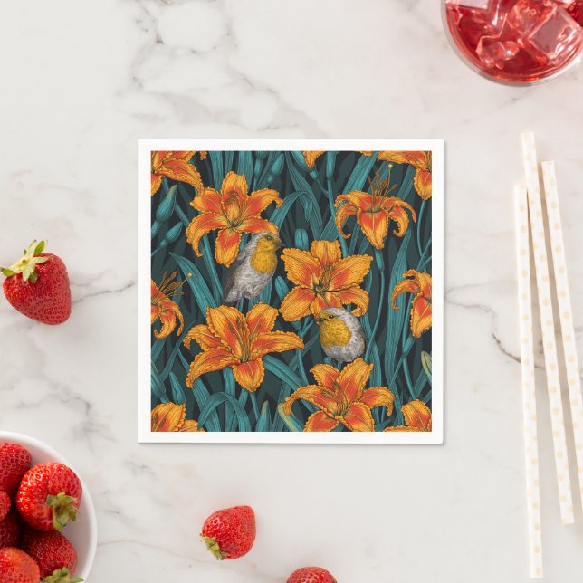 Robins and lilly flowers, orange and blue napkin (Insitu)