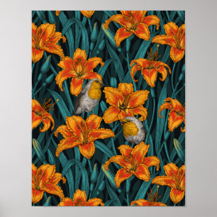 Robins and lilly flowers, orange and blue poster