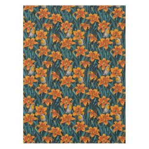 Robins and lilly flowers, orange and blue tablecloth