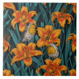 Robins and lilly flowers, orange and blue tile