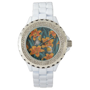 Robins and lilly flowers, orange and blue watch