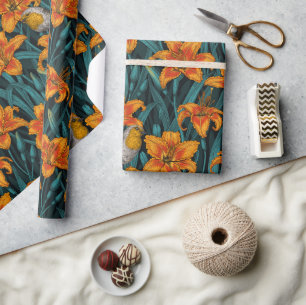 Robins and lilly flowers, orange and blue wrapping paper