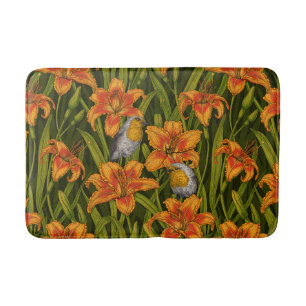 Robins and lilly flowers, orange and dark green bath mat