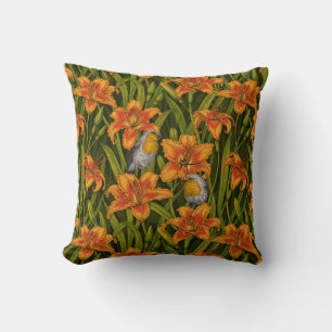 Robins and lilly flowers, orange and dark green cushion