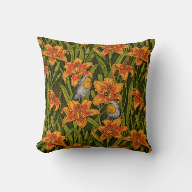 Robins and lilly flowers, orange and dark green cushion (Front)