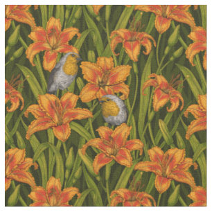Robins and lilly flowers, orange and dark green fabric