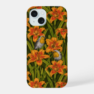 Robins and lilly flowers, orange and dark green iPhone 15 case
