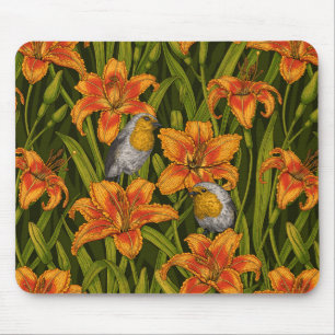 Robins and lilly flowers, orange and dark green mouse mat