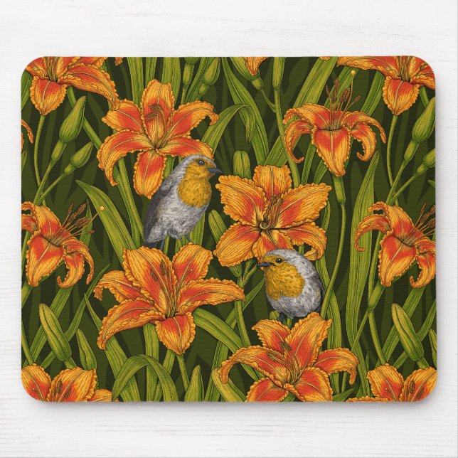 Robins and lilly flowers, orange and dark green mouse mat (Front)