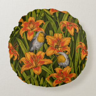 Robins and lilly flowers, orange and dark green round cushion