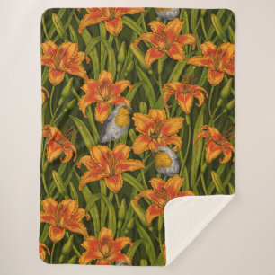 Robins and lilly flowers, orange and dark green sherpa blanket