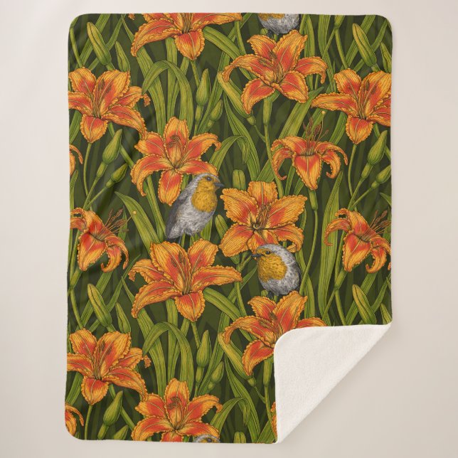 Robins and lilly flowers, orange and dark green sherpa blanket (Front)