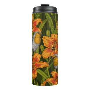 Robins and lilly flowers, orange and dark green thermal tumbler