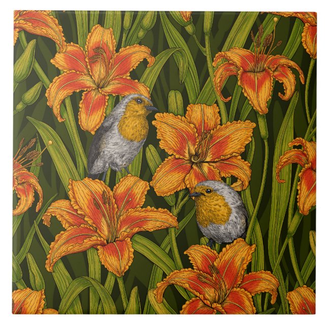 Robins and lilly flowers, orange and dark green tile (Front)