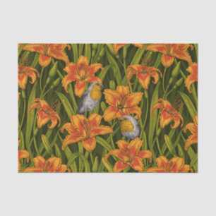 Robins and lilly flowers, orange and dark green tissue paper