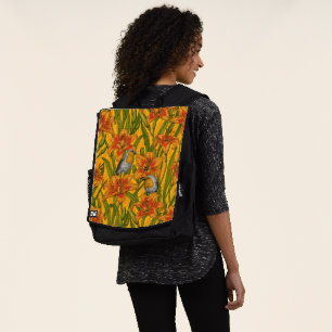 Robins and lilly flowers, orange and green backpack