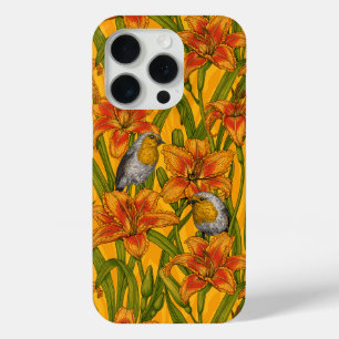 Robins and lilly flowers, orange and green iPhone 15 pro case
