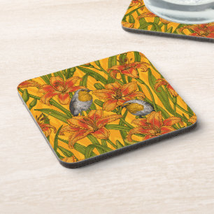 Robins and lilly flowers, orange and green coaster