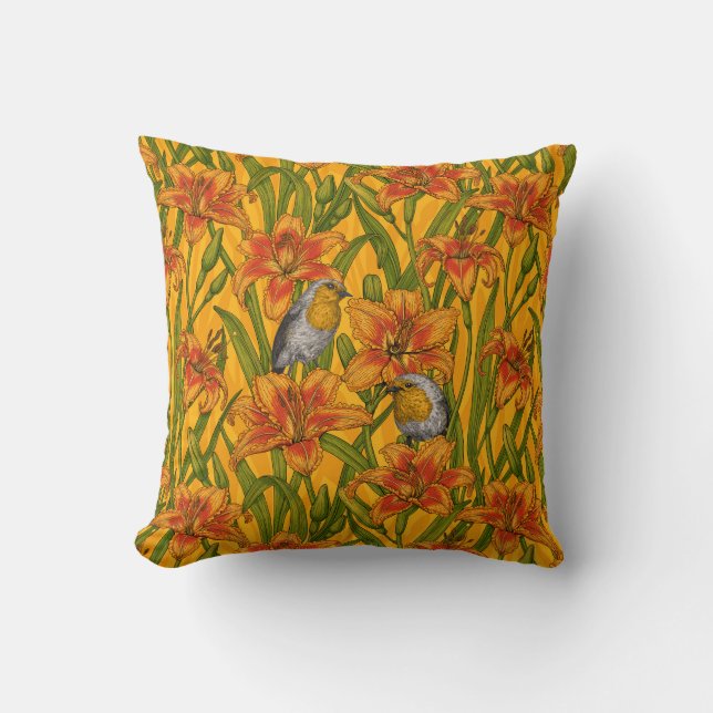 Robins and lilly flowers, orange and green cushion (Front)
