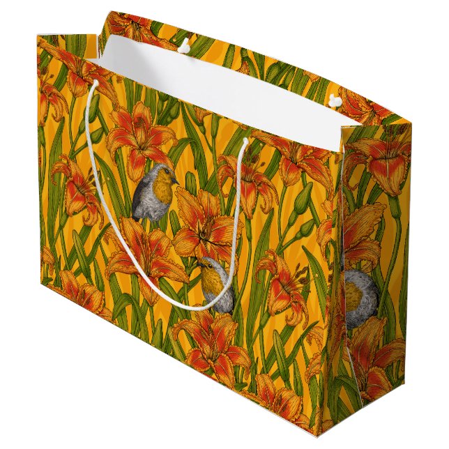 Robins and lilly flowers, orange and green large gift bag (Back Angled)