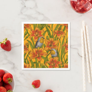 Robins and lilly flowers, orange and green napkin