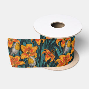 Robins and lilly flowers, orange and green satin ribbon