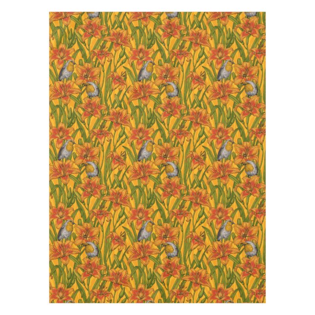 Robins and lilly flowers, orange and green tablecloth (Front)