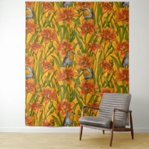 Robins and lilly flowers, orange and green tapestry