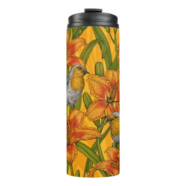 Robins and lilly flowers, orange and green thermal tumbler (Front)