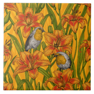 Robins and lilly flowers, orange and green tile