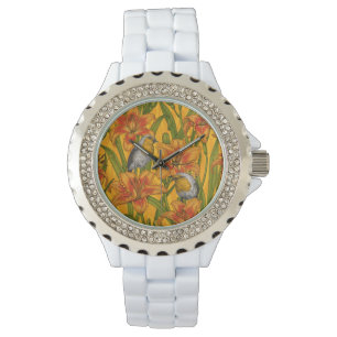 Robins and lilly flowers, orange and green watch