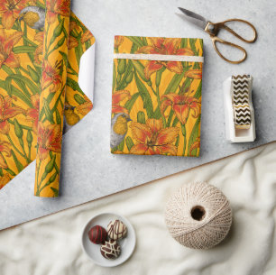 Robins and lilly flowers, orange and green wrapping paper