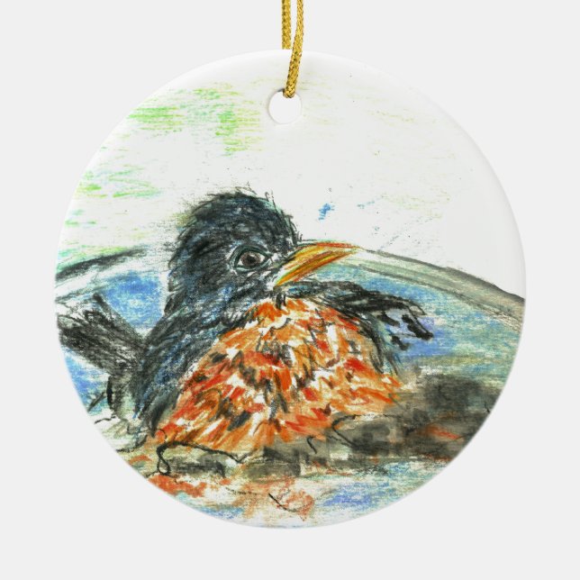 Robin's Bird Bath Ceramic Tree Decoration (Front)